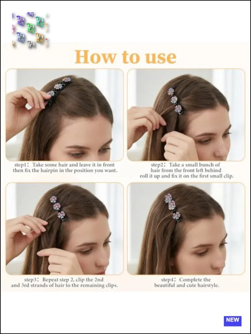 8 Pcs Braided Hair Clips Double-Layer Flower Pearl Crystal Stone Clips